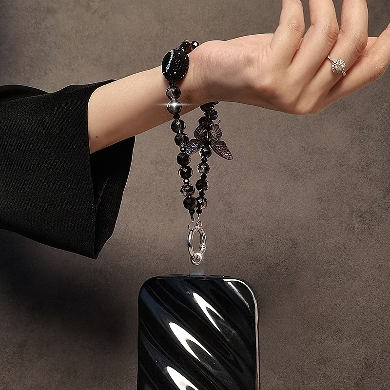 Kristályos telefonpánt gyöngyökkel és pillangó strasszal, kézzel készített, huzalos kötél és fém csat