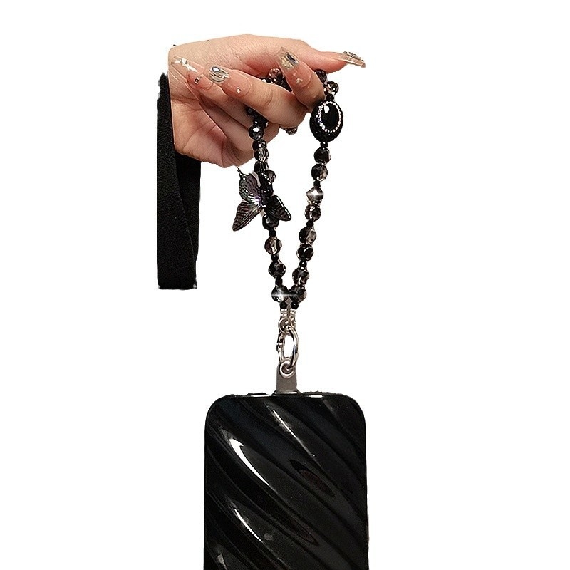 Kristályos telefonpánt gyöngyökkel és pillangó strasszal, kézzel készített, huzalos kötél és fém csat