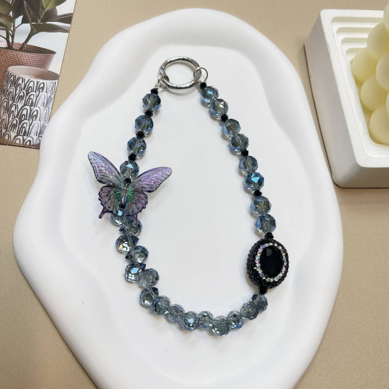 Kristályos telefonpánt gyöngyökkel és pillangó strasszal, kézzel készített, huzalos kötél és fém csat