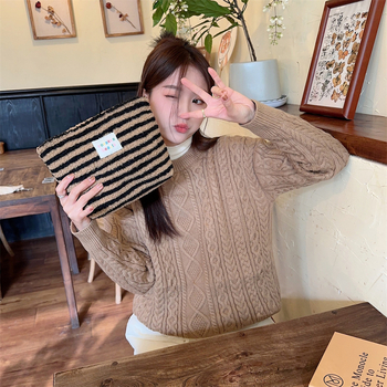 Козметична чанта от плюш с райета и подплата поплин, за жени, ежедневна употреба, уличен стил.