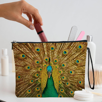 Козметична чанта с принт паун, полиестерна материя и подплата от полиестер, дишаща и ултралека, разширяема за съхранение, подходяща за ежедневна употреба