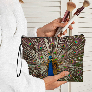 Козметична чанта с принт паун, полиестерна материя и подплата от полиестер, дишаща и ултралека, разширяема за съхранение, подходяща за ежедневна употреба