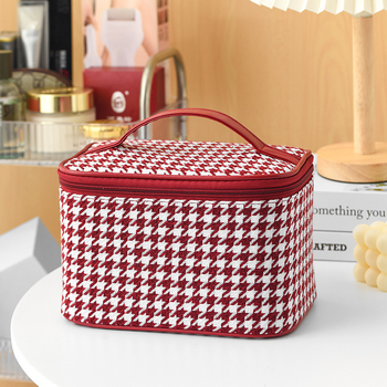 Козметична чанта за грим с принт на ивици, вълнена материя, свеж и сладък стил (дишаща, подходяща за съхранение)