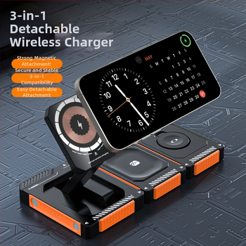 Magnētisks 15W bezvadu uzlādes līdzeklis ar salokāmu 3-in-1 telefonu statīvu, saderīgs ar iPhone 15/16