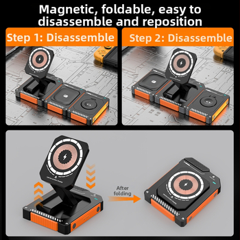 Magnētisks 15W bezvadu uzlādes līdzeklis ar salokāmu 3-in-1 telefonu statīvu, saderīgs ar iPhone 15/16