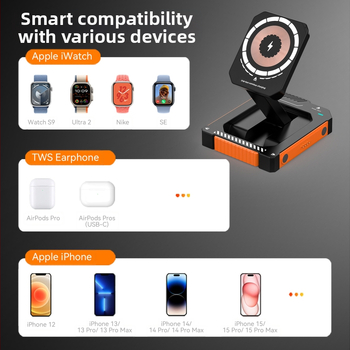 Magnētisks 15W bezvadu uzlādes līdzeklis ar salokāmu 3-in-1 telefonu statīvu, saderīgs ar iPhone 15/16