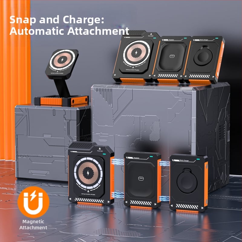 Magnētisks 15W bezvadu uzlādes līdzeklis ar salokāmu 3-in-1 telefonu statīvu, saderīgs ar iPhone 15/16