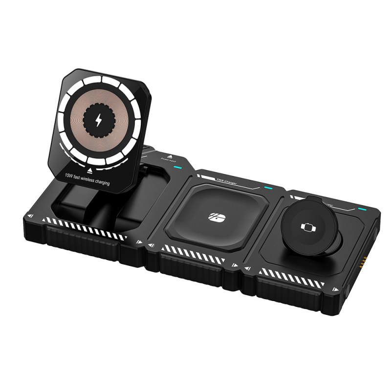 Magnētisks 15W bezvadu uzlādes līdzeklis ar salokāmu 3-in-1 telefonu statīvu, saderīgs ar iPhone 15/16