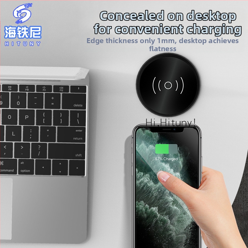 Настолно вградимо безжично зарядно със скрит дизайн за хотелски нощни шкафчета, 15W бързо зареждане, QC3.0, 9V/1.66A, алуминиев сплав + акрилна обвивка