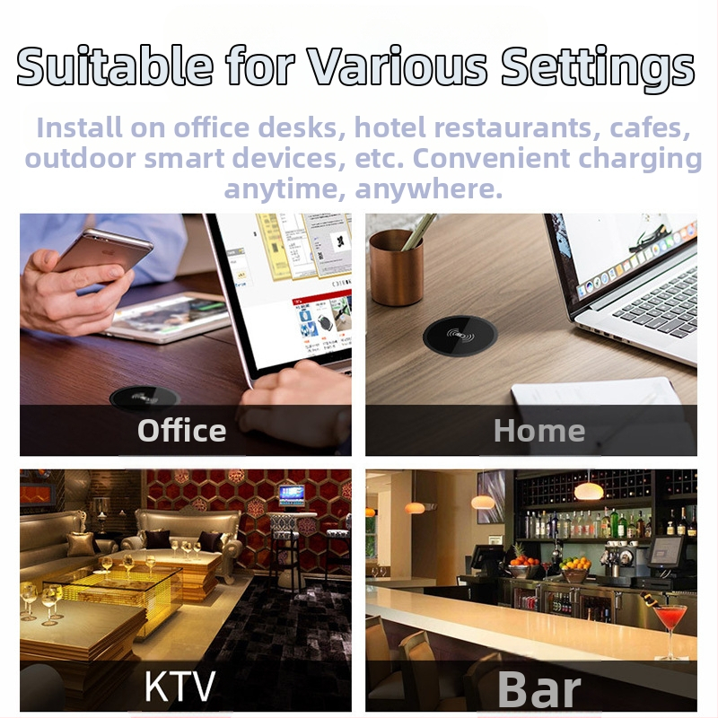 Настолно вградимо безжично зарядно със скрит дизайн за хотелски нощни шкафчета, 15W бързо зареждане, QC3.0, 9V/1.66A, алуминиев сплав + акрилна обвивка