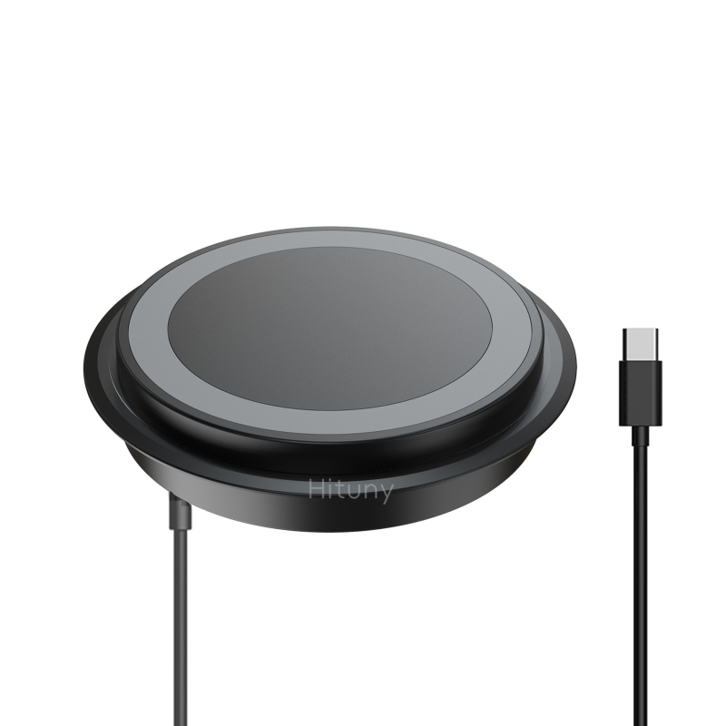 Stolē ievietots bezvadu uzlādes lādētājs ar slēgtu dizainu viesnīcas naktsgaldiņiem, 15W ātrā uzlāde, QC3.0, 9V/1.66A, alumīnija sakausējuma korpuss + akrila pārsegs