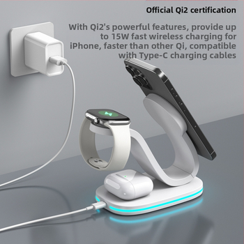 Qi2 magnētiskā bezvadu uzlāde – tri vienā stends iPhone, Qi2 sertificēta, QC2.0, 9V1.66A, 18W max