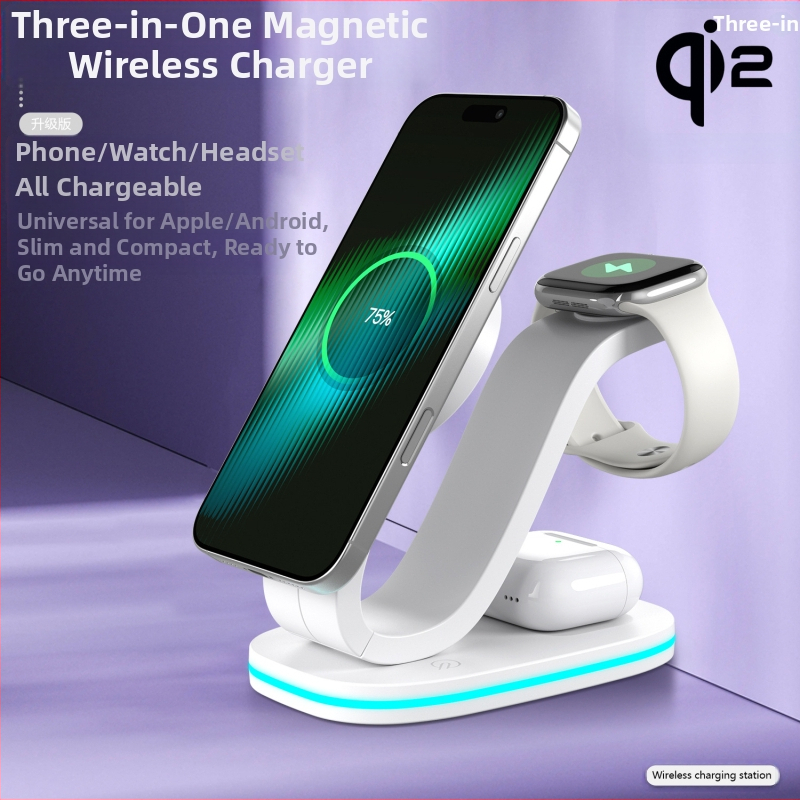 Qi2 magnētiskā bezvadu uzlāde – tri vienā stends iPhone, Qi2 sertificēta, QC2.0, 9V1.66A, 18W max