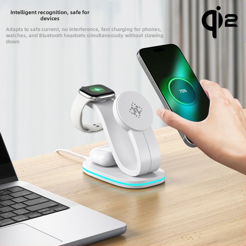 Qi2 magnētiskā bezvadu uzlāde – tri vienā stends iPhone, Qi2 sertificēta, QC2.0, 9V1.66A, 18W max