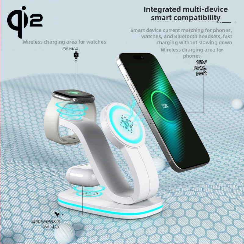 Qi2 magnētiskā bezvadu uzlāde – tri vienā stends iPhone, Qi2 sertificēta, QC2.0, 9V1.66A, 18W max