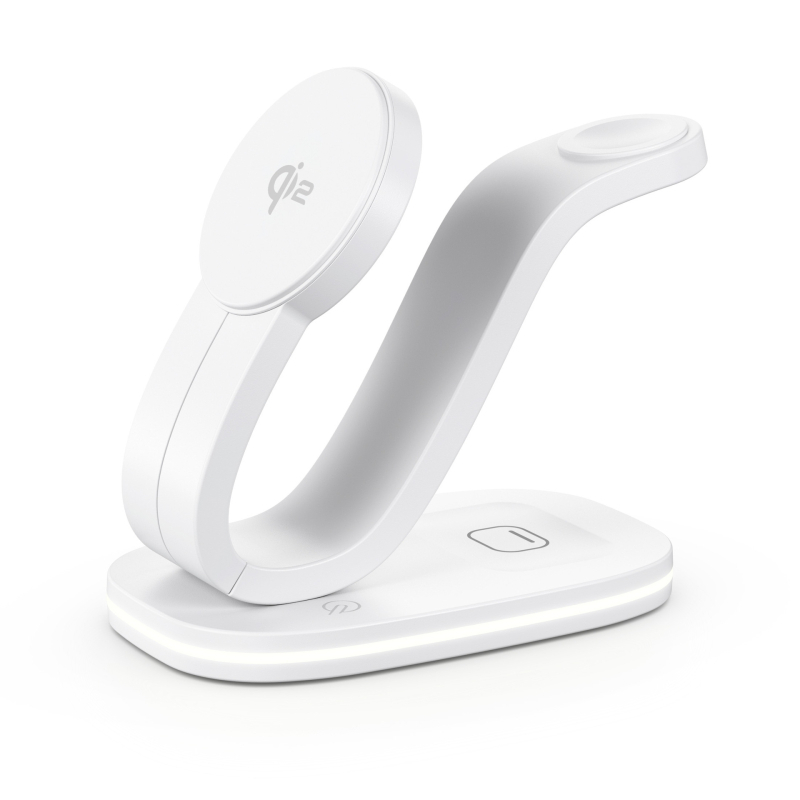 Qi2 magnētiskā bezvadu uzlāde – tri vienā stends iPhone, Qi2 sertificēta, QC2.0, 9V1.66A, 18W max