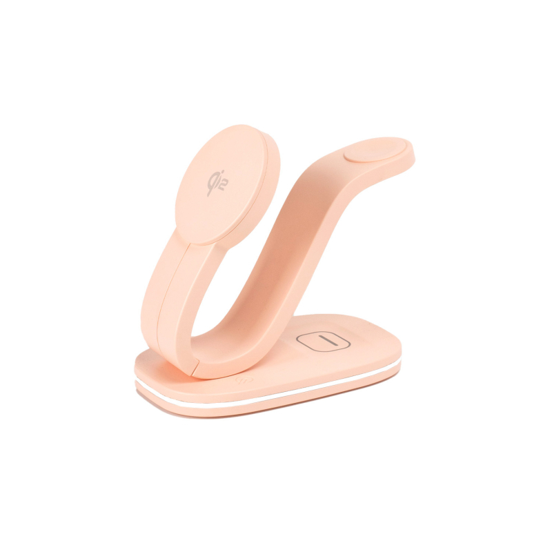 Qi2 magnētiskā bezvadu uzlāde – tri vienā stends iPhone, Qi2 sertificēta, QC2.0, 9V1.66A, 18W max