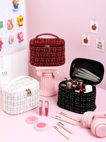 Női kozmetikai táska városi minimalista stílusban, poliészter, kockás minta, vászon bélés