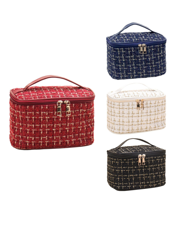 Női kozmetikai táska városi minimalista stílusban, poliészter, kockás minta, vászon bélés