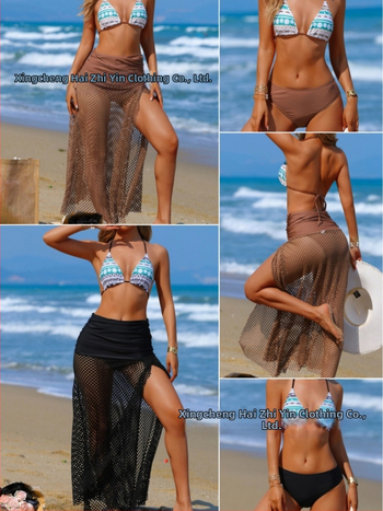 Τριών τεμαχίων σετ μαγιό: μπικίνι με επένδυση στήθους και μακριά φούστα από ψαροδίχτυ, ριγέ πολυεστέρας