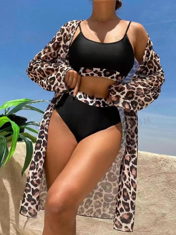 Ženski trodijelni bikini set s visokim strukom i dugim rukavima, s jastučićima za prsa, 82% poliester
