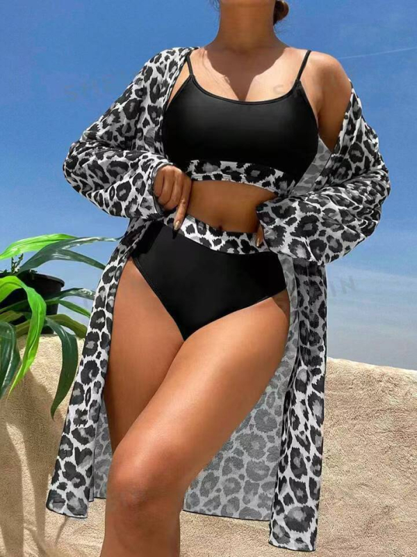 Ženski trodijelni bikini set s visokim strukom i dugim rukavima, s jastučićima za prsa, 82% poliester