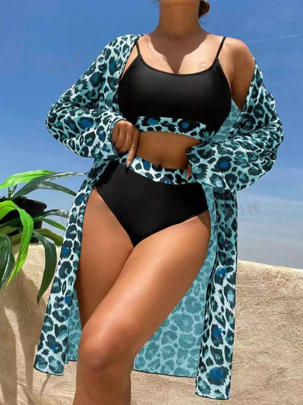 Ženski trodijelni bikini set s visokim strukom i dugim rukavima, s jastučićima za prsa, 82% poliester