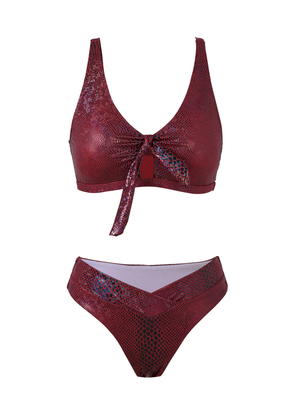Bikini cu imprimeu șarpe, șnur în față, talie înaltă, set din două părți