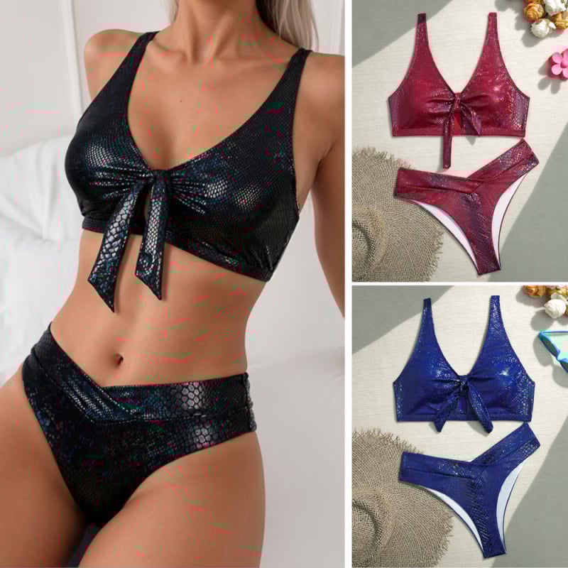 Bikini cu imprimeu șarpe, șnur în față, talie înaltă, set din două părți