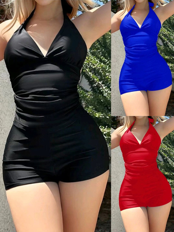 Ženski tankini kupaći s halterom, bez leđa i visokim strukom; brzo se suši od najlona s elastanom.