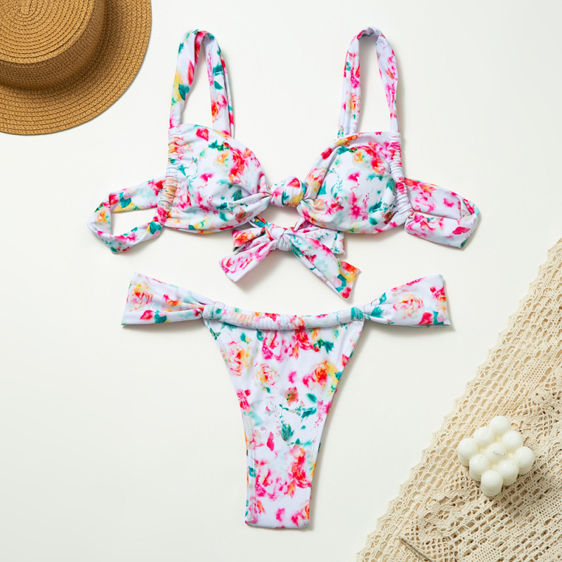 Sieviešu siksnu bikini ar atvērtu muguru, ziedu raksts – poliesters, poliestera pamatne, 150 g