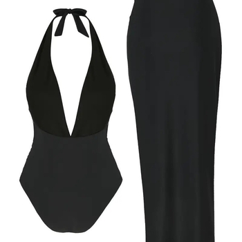 Σετ μαγιό τριών τεμαχίων με ελαστικό σχεδιασμό και λαιμό halter, με επένδυση στήθους, μονόχρωμο σχέδιο; ύφασμα πολυεστέρας 82%, επένδυση 18% σπαντέξ, βάρος 250 g; κατάλληλο για γυμναστική, χορό και κολύμβηση