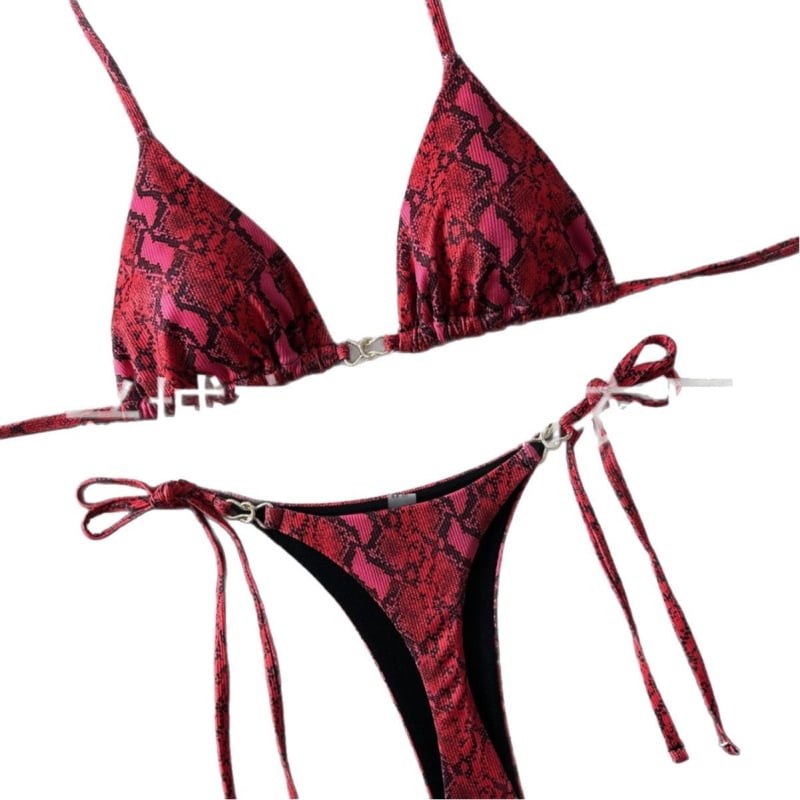 Dvodijelni bikini s uzorkom zmijske kože, halter vrat, seksi otvoreni leđa; tkanina: 82% polyester, 18% elastan; podstava: 18% spandeks