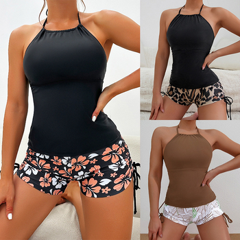 Costum de baie Tankini, imprimeu floral, halter cu bureți pentru sâni, fără spate, material din nailon cu căptușeală de nailon