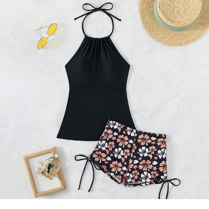 Costum de baie Tankini, imprimeu floral, halter cu bureți pentru sâni, fără spate, material din nailon cu căptușeală de nailon