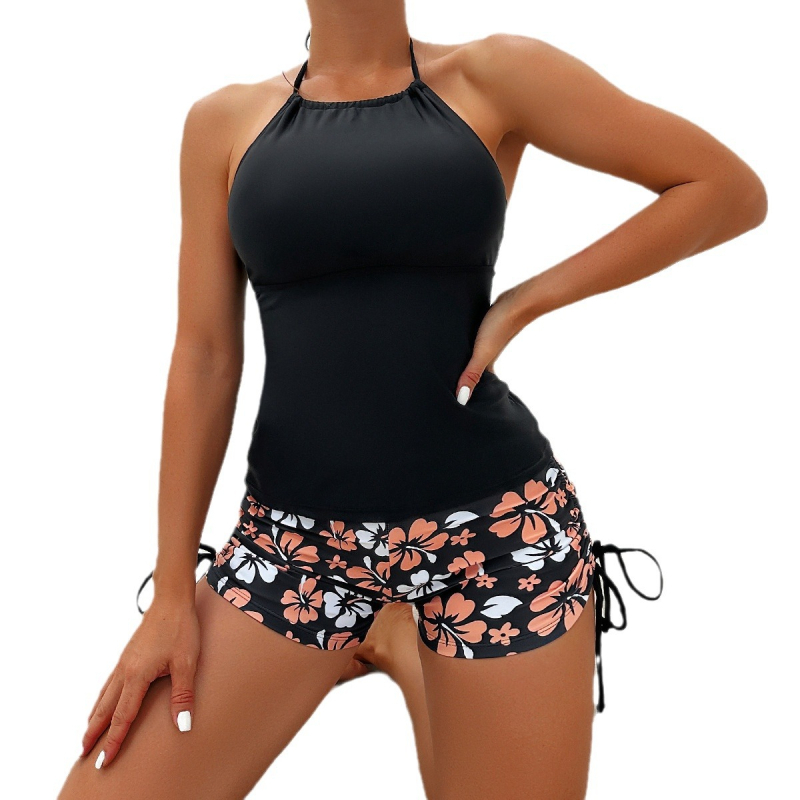 Costum de baie Tankini, imprimeu floral, halter cu bureți pentru sâni, fără spate, material din nailon cu căptușeală de nailon