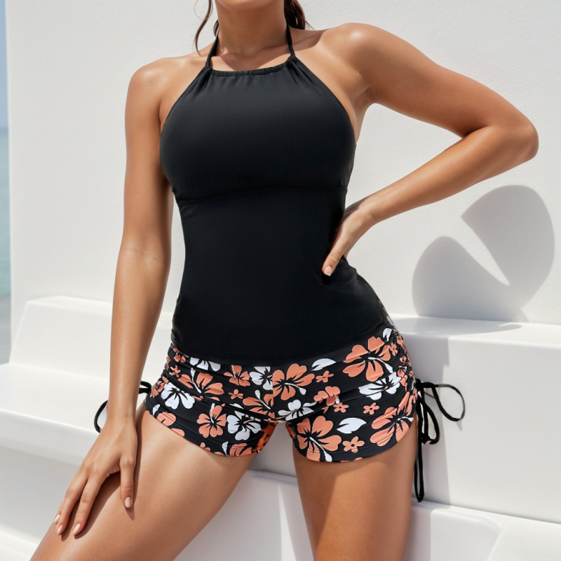 Costum de baie Tankini, imprimeu floral, halter cu bureți pentru sâni, fără spate, material din nailon cu căptușeală de nailon