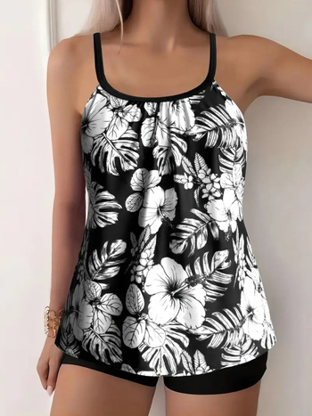 Costum de baie din două piese pentru femei, cu bretele subțiri, croială lejeră, spate decupat, imprimeu; țesătură 82% poliester, 18% elastan; cu bureți pentru bust incluși.