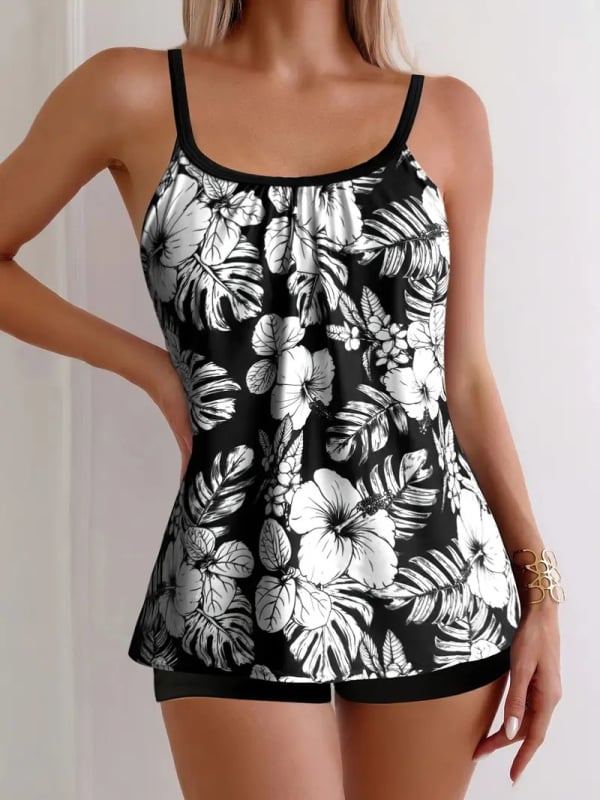 Costum de baie din două piese pentru femei, cu bretele subțiri, croială lejeră, spate decupat, imprimeu; țesătură 82% poliester, 18% elastan; cu bureți pentru bust incluși.