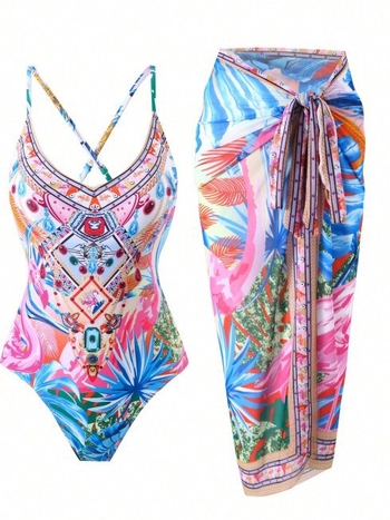 Σετ μπικίνι τριών τεμαχίων με εκτύπωση, ύφασμα πολυεστερικό, επένδυση στο στήθος, επένδυση από σπαντέξ