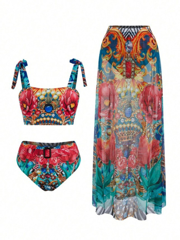 Σετ μπικίνι τριών τεμαχίων με εκτύπωση, ύφασμα πολυεστερικό, επένδυση στο στήθος, επένδυση από σπαντέξ