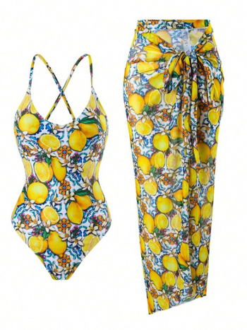 Σετ μπικίνι τριών τεμαχίων με εκτύπωση, ύφασμα πολυεστερικό, επένδυση στο στήθος, επένδυση από σπαντέξ
