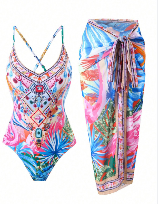 Σετ μπικίνι τριών τεμαχίων με εκτύπωση, ύφασμα πολυεστερικό, επένδυση στο στήθος, επένδυση από σπαντέξ