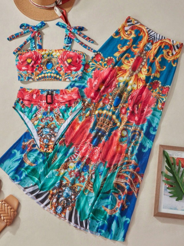 Σετ μπικίνι τριών τεμαχίων με εκτύπωση, ύφασμα πολυεστερικό, επένδυση στο στήθος, επένδυση από σπαντέξ