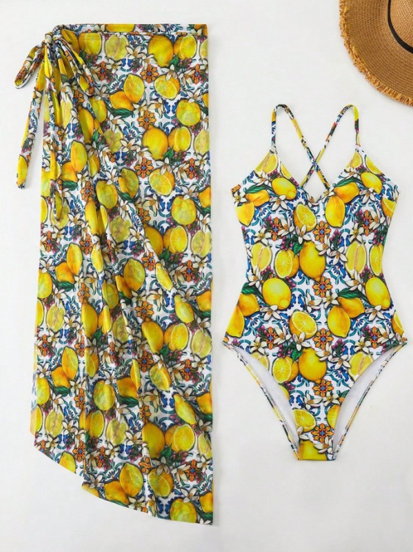 Σετ μπικίνι τριών τεμαχίων με εκτύπωση, ύφασμα πολυεστερικό, επένδυση στο στήθος, επένδυση από σπαντέξ