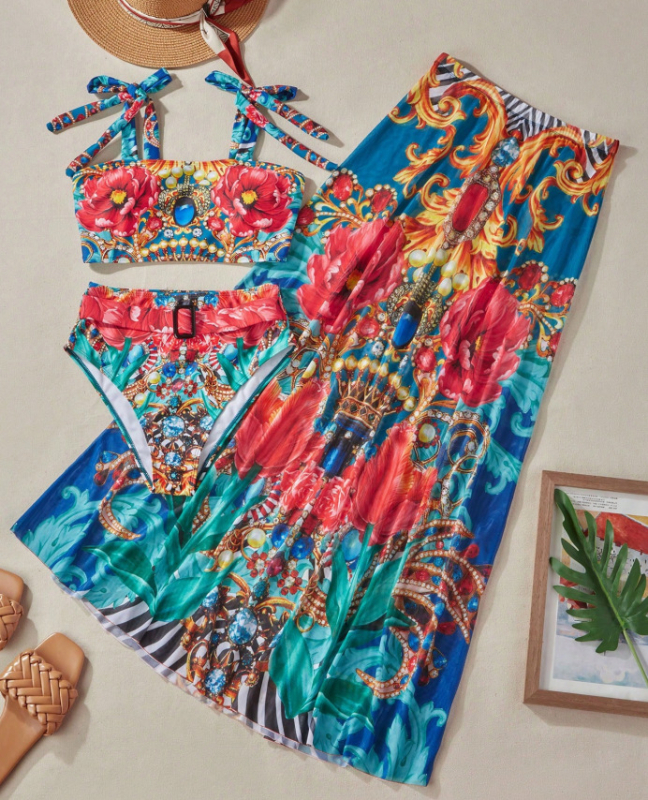 Σετ μπικίνι τριών τεμαχίων με εκτύπωση, ύφασμα πολυεστερικό, επένδυση στο στήθος, επένδυση από σπαντέξ