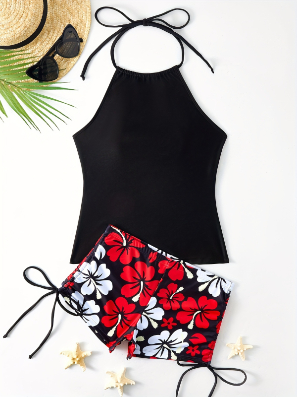 Tankini fürdőruha hasvédővel, vállpánt nélküli, nagy rugalmasságú poliészter, 82% poliészter, bélés poliészter