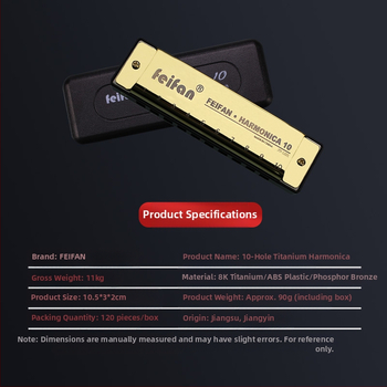 FeiFan ZX-10 хармоника за начинаещи, блюз диатонична в C; 10 дупки, златно покритие на капачката, звук от смола; подходяща за деца 7–14.