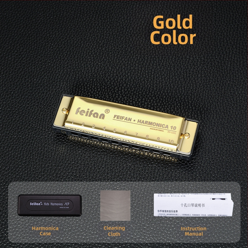 FeiFan ZX-10 хармоника за начинаещи, блюз диатонична в C; 10 дупки, златно покритие на капачката, звук от смола; подходяща за деца 7–14.