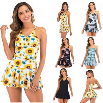 Costum de baie întreg din poliester, imprimeu floral, cu bureți pentru bust, fără bretele, căptușit